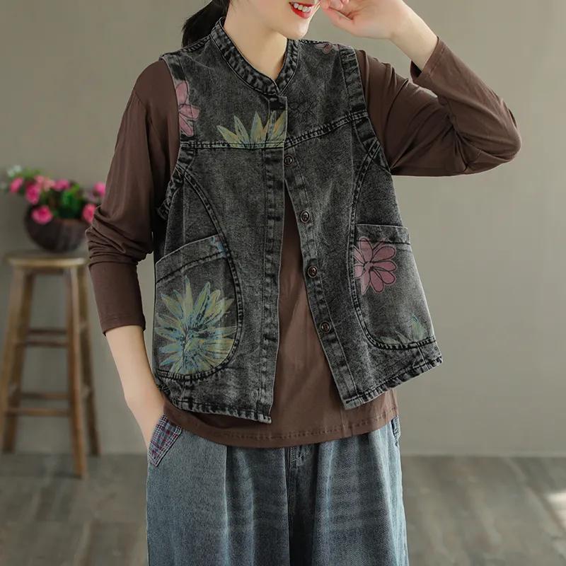 Ladies Spring and Summer Short Printed Denim Vest Loose Sleeveless Thin Jacket