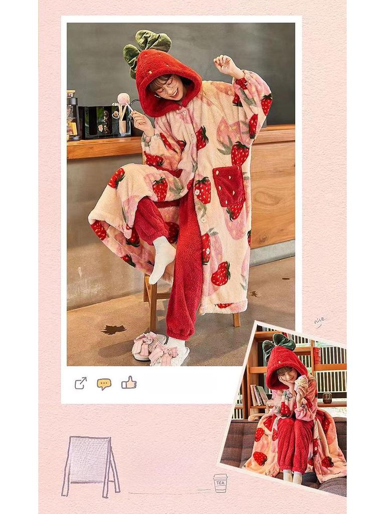 2023 Sweet Strawberry Плотный коралловый флисовый халат-комплект - Cozy Home Loungewear