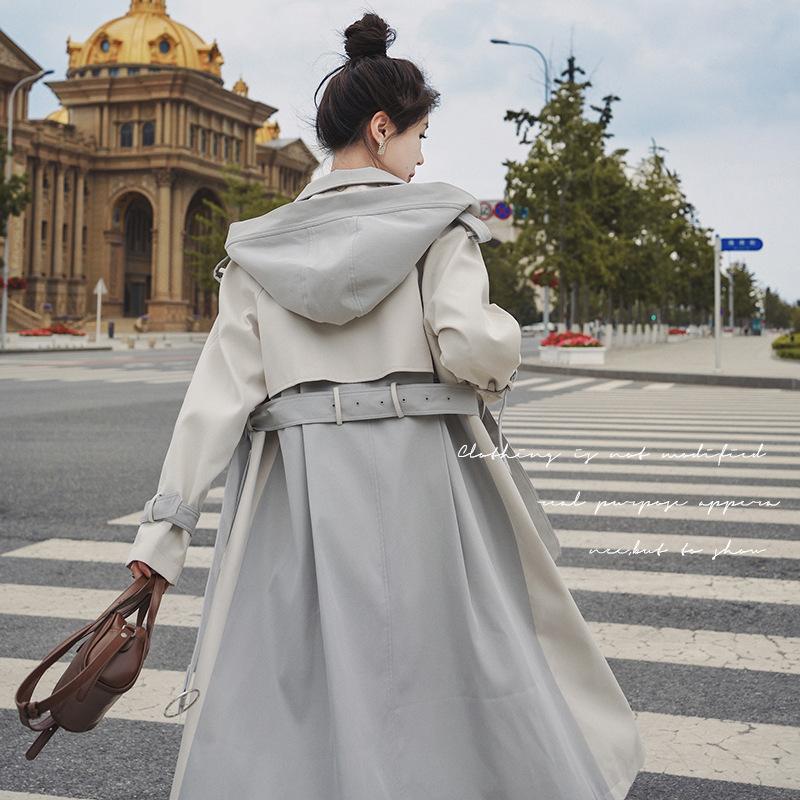 Женская контрастная цветная ветровка с капюшоном, женская длинная новая корейская двубортная свободная ветрозащитная куртка большого размера