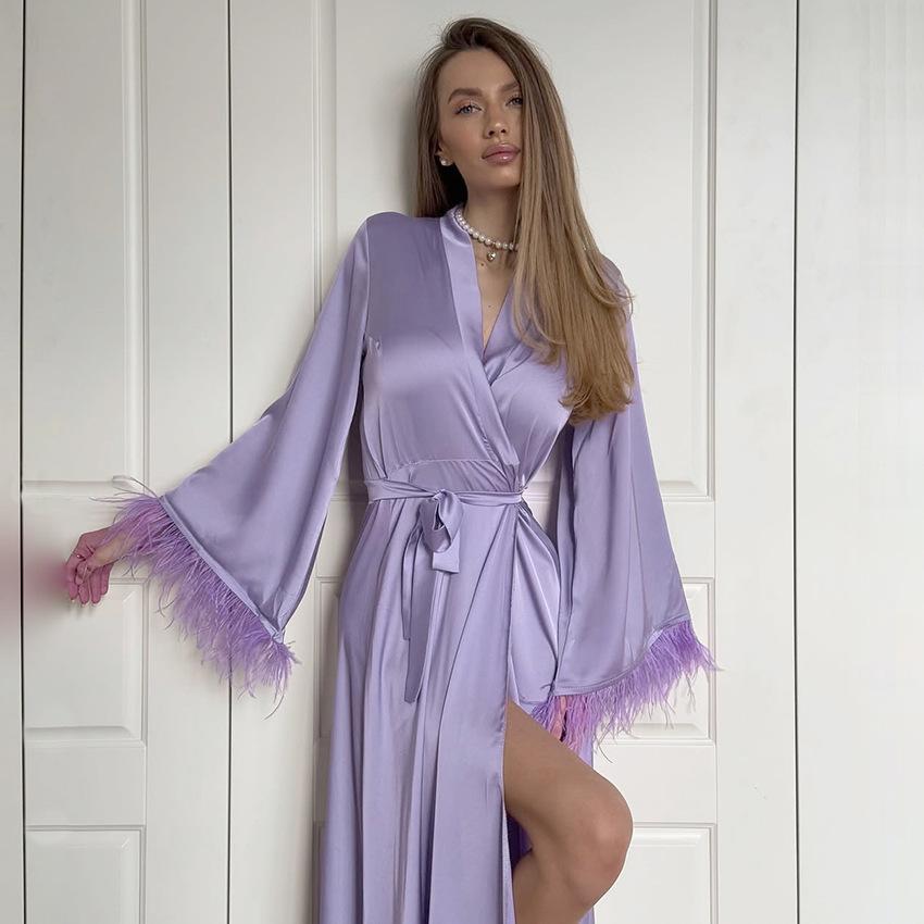 European and American pajamas women's autumn and winter simulation silk satin cuffs with ostrich hair long-sleeved nightgown loungewear