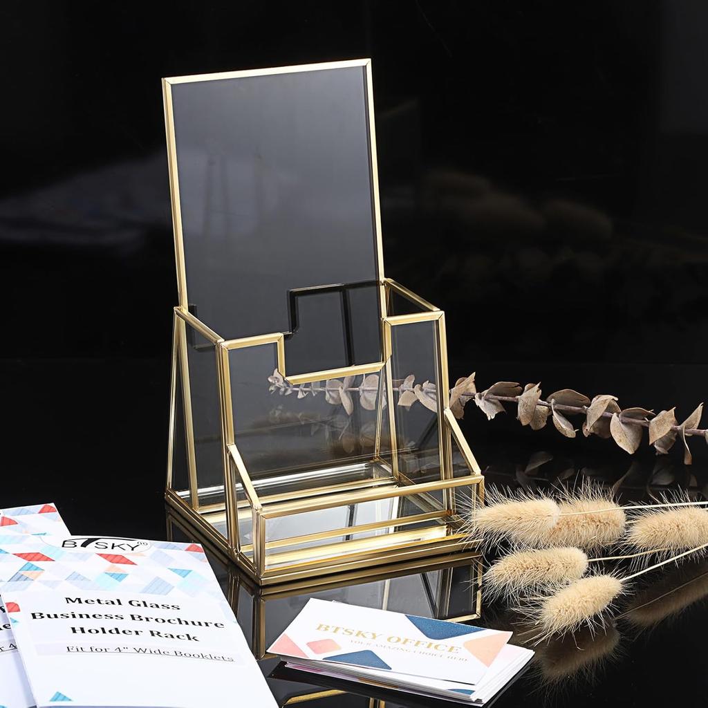 BTSKY Golden Glass Brochure Holder for 4" Wide Trifold Handouts, Countertop Pamphlet Holder Display Stand with Business Card Holder, Flyer Display