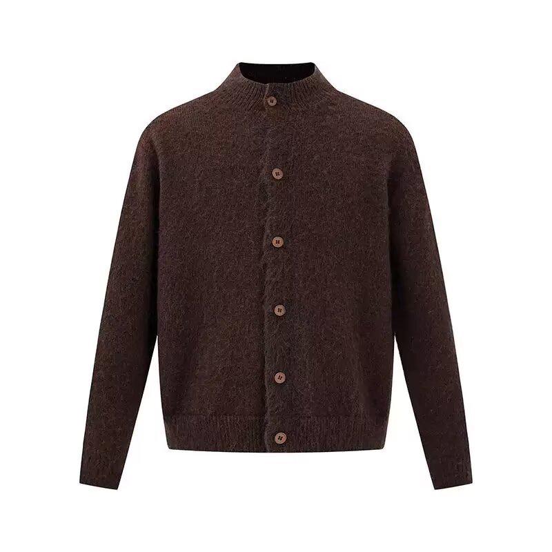 Unisex Solid Color Basic Long-Sleeve Knit Cardigan with Stand Collar - Autumn Sweater