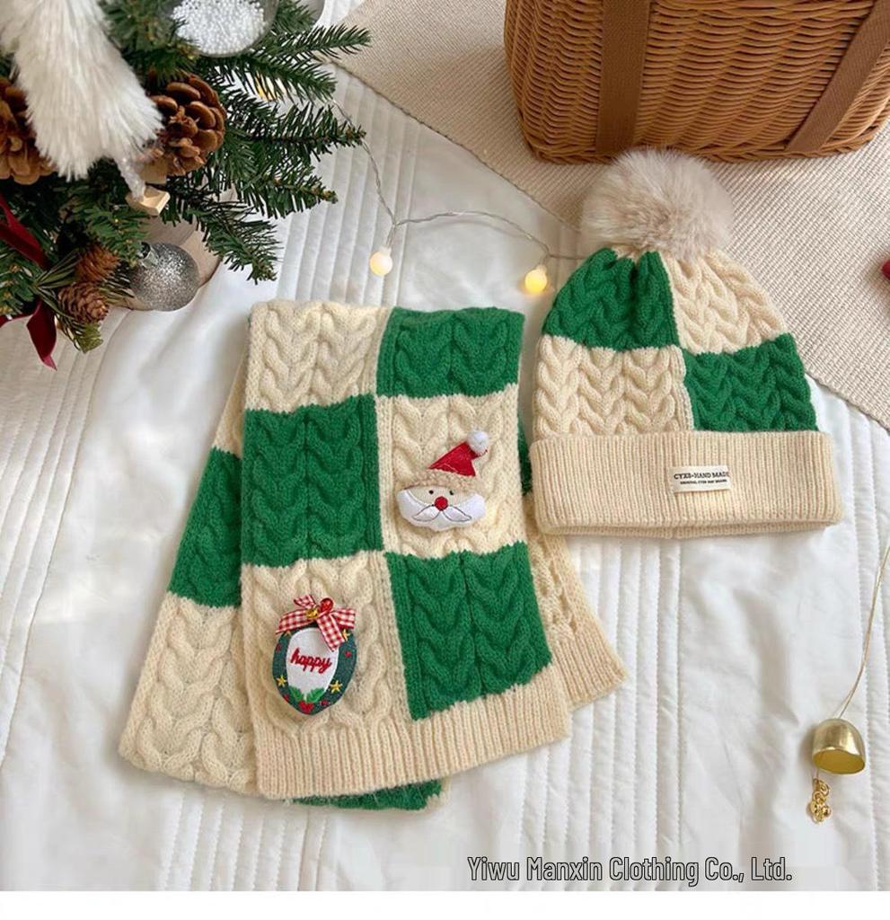 Korean-Style Kids' Christmas Scarf & Beanie Set: Warm Knit Neck Warmer for Boys & Girls