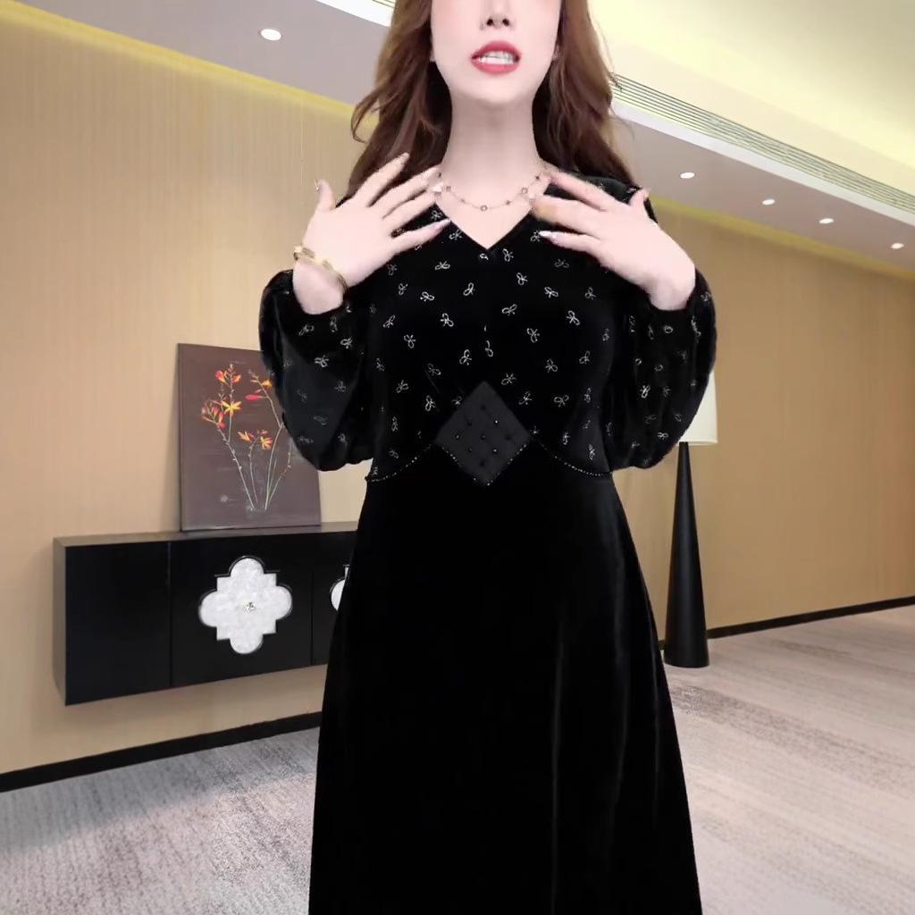 Элегантное бархатное платье большого размера - Осень/Зима, Высокоэластичное, С принтом, Свободное, Стройнящее, Зрелый стиль для женщин.