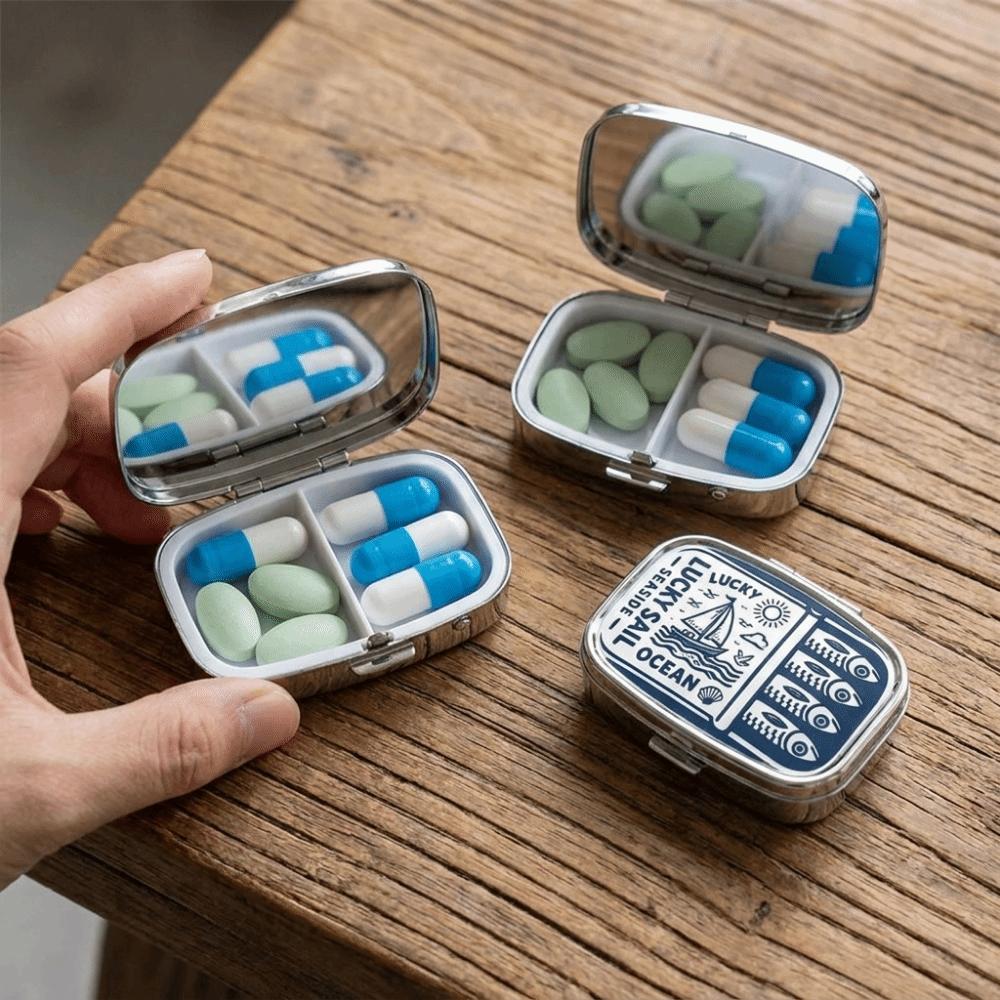 Mini 2 Grids Pill Box Cute Sardine Jewelry Box Sardine Print Pill Box Vitamins Pills
