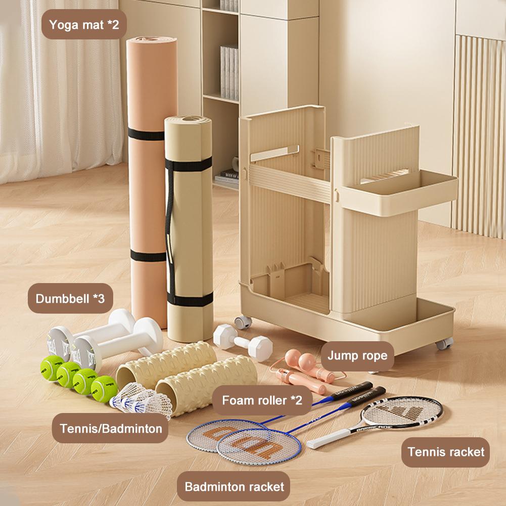 Тележка для хранения спортивного инвентаря с колесами, держатель для спортивного инвентаря, стойка для хранения ковриков для йоги, органайзер для спортивного инвентаря