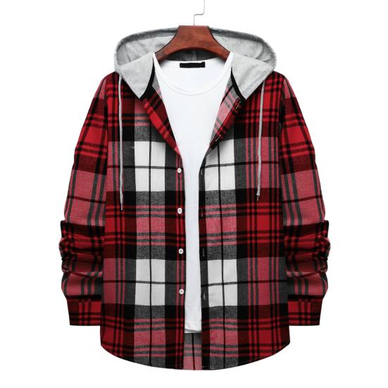 Men Spring Shirt Drawstring Contrast Color Plaid Print Hooded Cardigan Keep Warm Single-breasted Buttons Men Spring Autumn Shirt for Daily Wear
