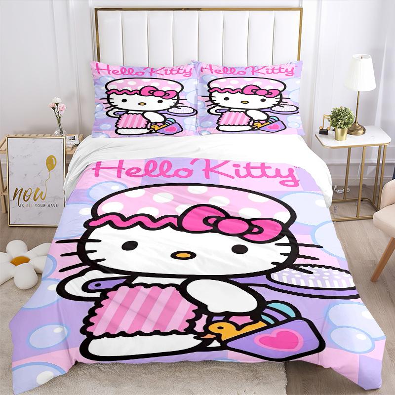 3 шт. Набор чехлов для кровати с принтом Hello Kitty, ультрамягкий, дышащий и удобный, стильный дизайн для спальни и гостевой комнаты 1 чехол