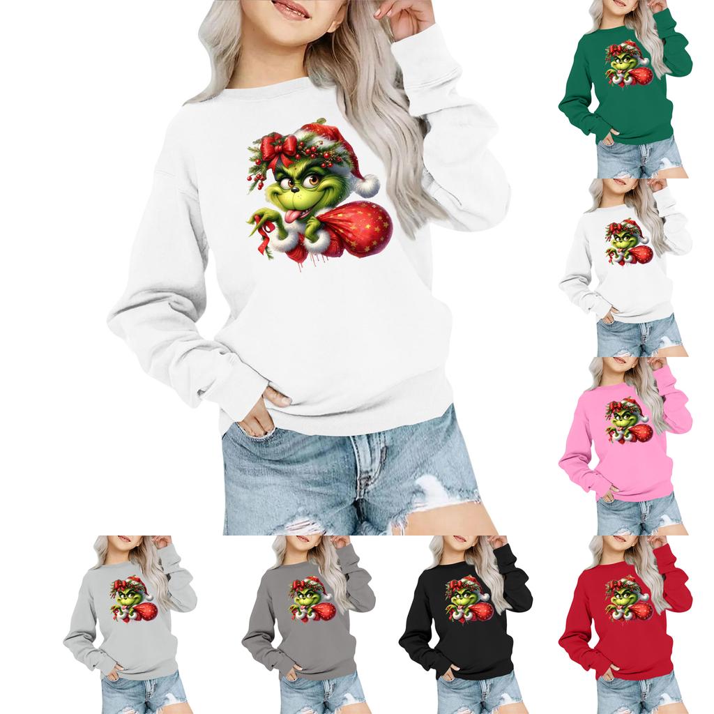 Kids' Fashion Loose-Fit Casual Long-Sleeve Christmas Print Oversized Crewneck Sweatshirt