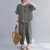 Костюм из хлопка и льна, футболка в нестандартную клетку, женские летние шаровары для мам среднего возраста, брюки, свободный костюм-двойка