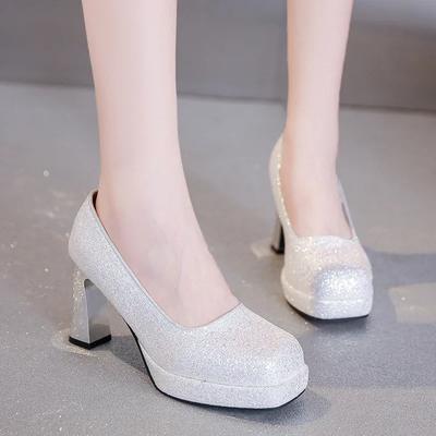 Модная обувь для женщин 2024 Модные женские туфли-лодочки на осень с квадратным носком, пайетками, однотонные, для платья, вечеринки, на толстом каблуке, обувь больших размеров