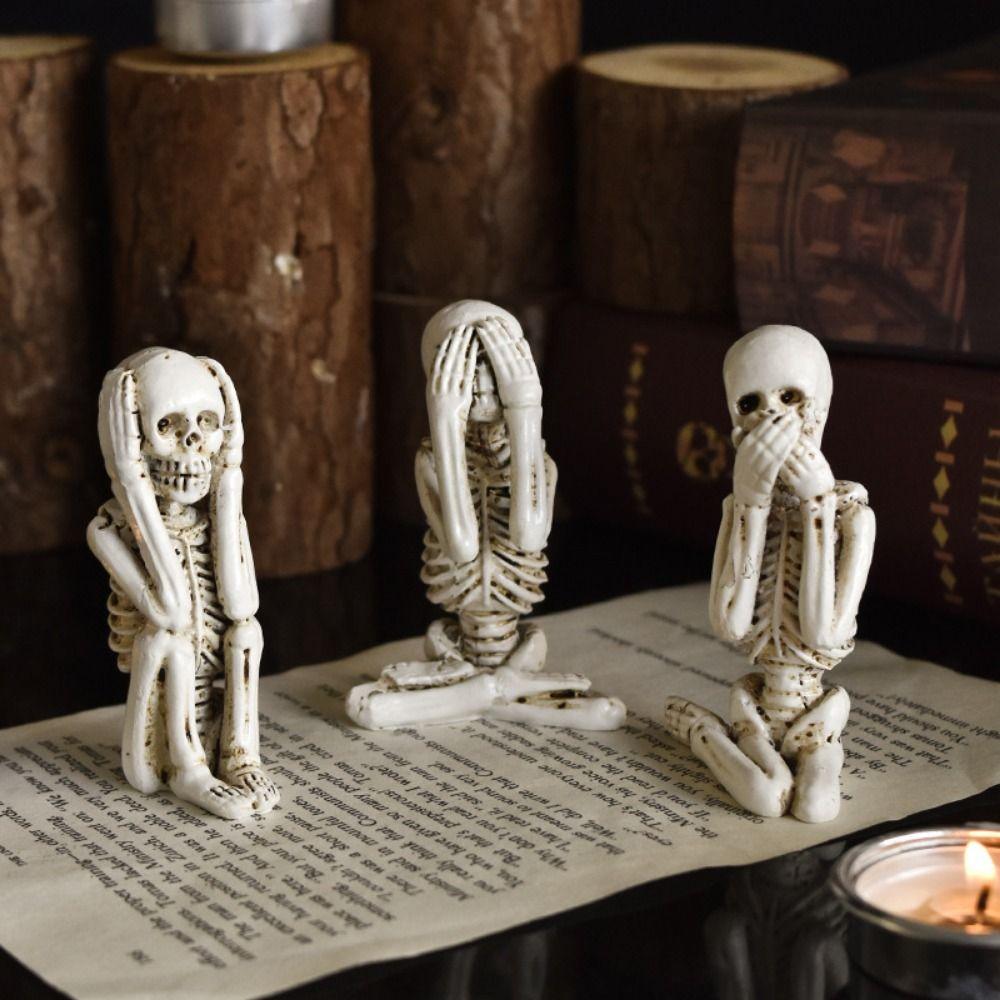 3pcs Mini No Listen No Look No Say Skull Gothic Skull Statue Decor for Dining Room