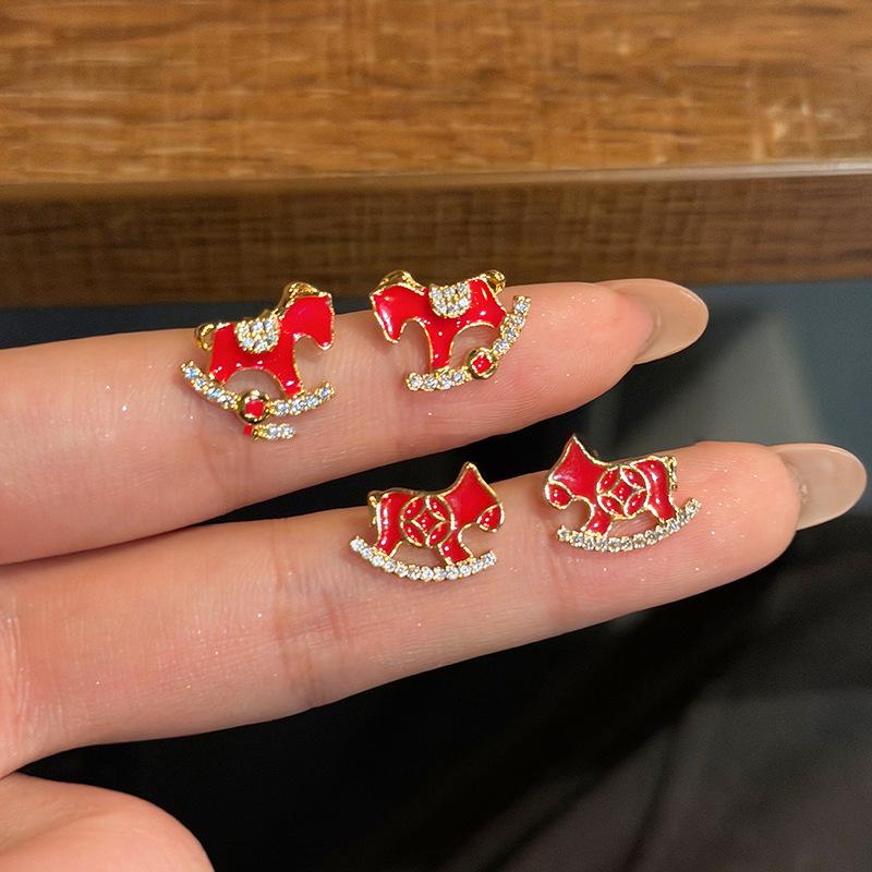 18k real gold electroplated new Chinese zircon natal year pony stud earrings exquisite earrings women