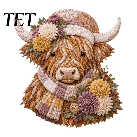 Textured Fabric Wall Hanging Highland Cow 3D Layered Art DIY Kit for Adults, Beginner-Friendly Collage Sewing Quilt Craft Set, Handmade Farmhouse
