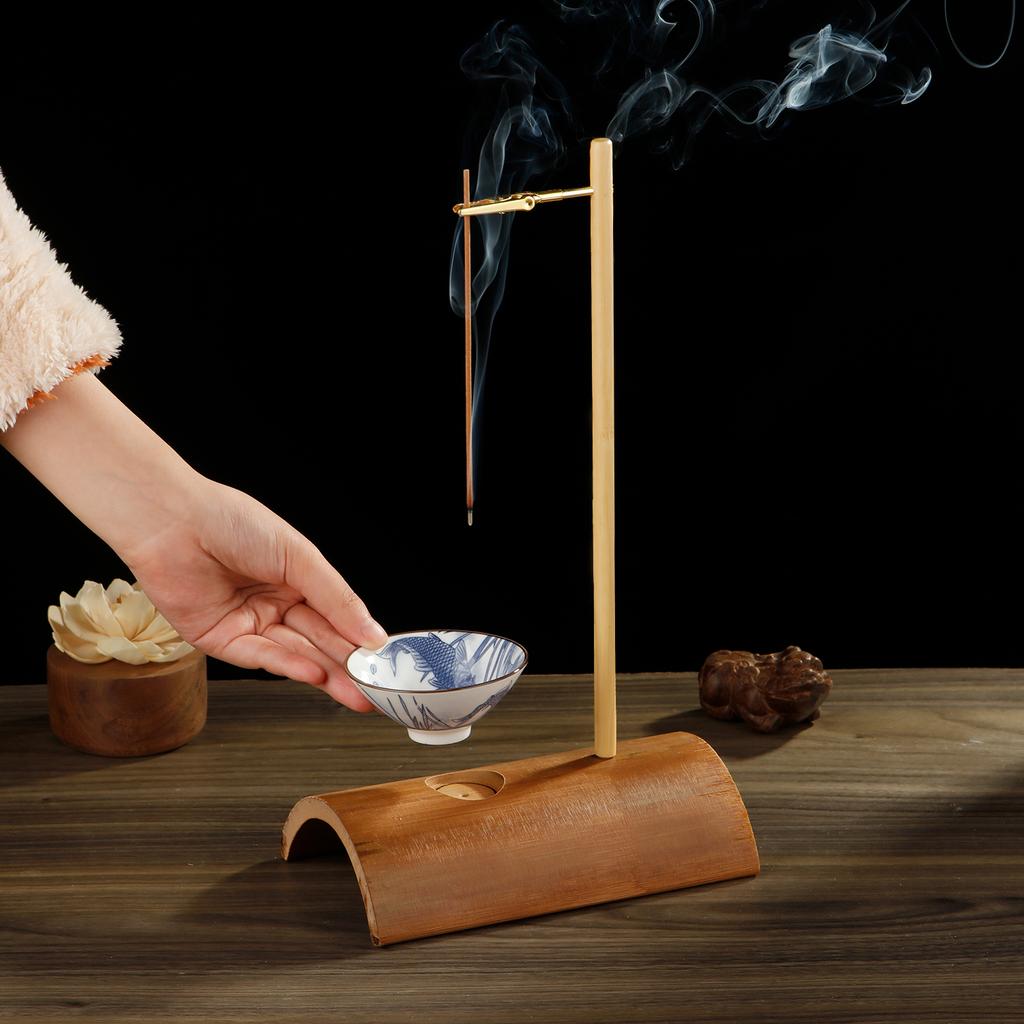 Бамбуковый держатель для благовоний для палочек, перевернутая курильница с фарфоровым улавливателем золы, буддийские принадлежности для домашнего декора
