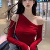 Pure Desire Hot Girl Style Asymmetrical Neckline Off-Shoulder Long-Sleeve T-Shirt for Women, Autumn Sexy Irregular Slim-Fit Base Layer Top