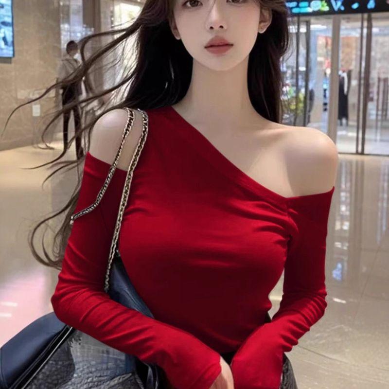 Pure Desire Hot Girl Style Asymmetrical Neckline Off-Shoulder Long-Sleeve T-Shirt for Women, Autumn Sexy Irregular Slim-Fit Base Layer Top