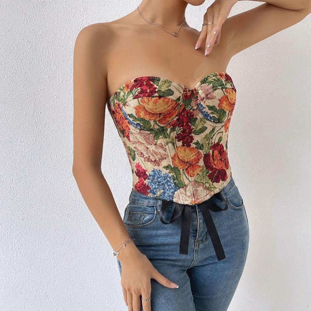 Off-shoulder Floral Underwired Corset Multi-Color Strapless Corset Top  Daily Streetwear