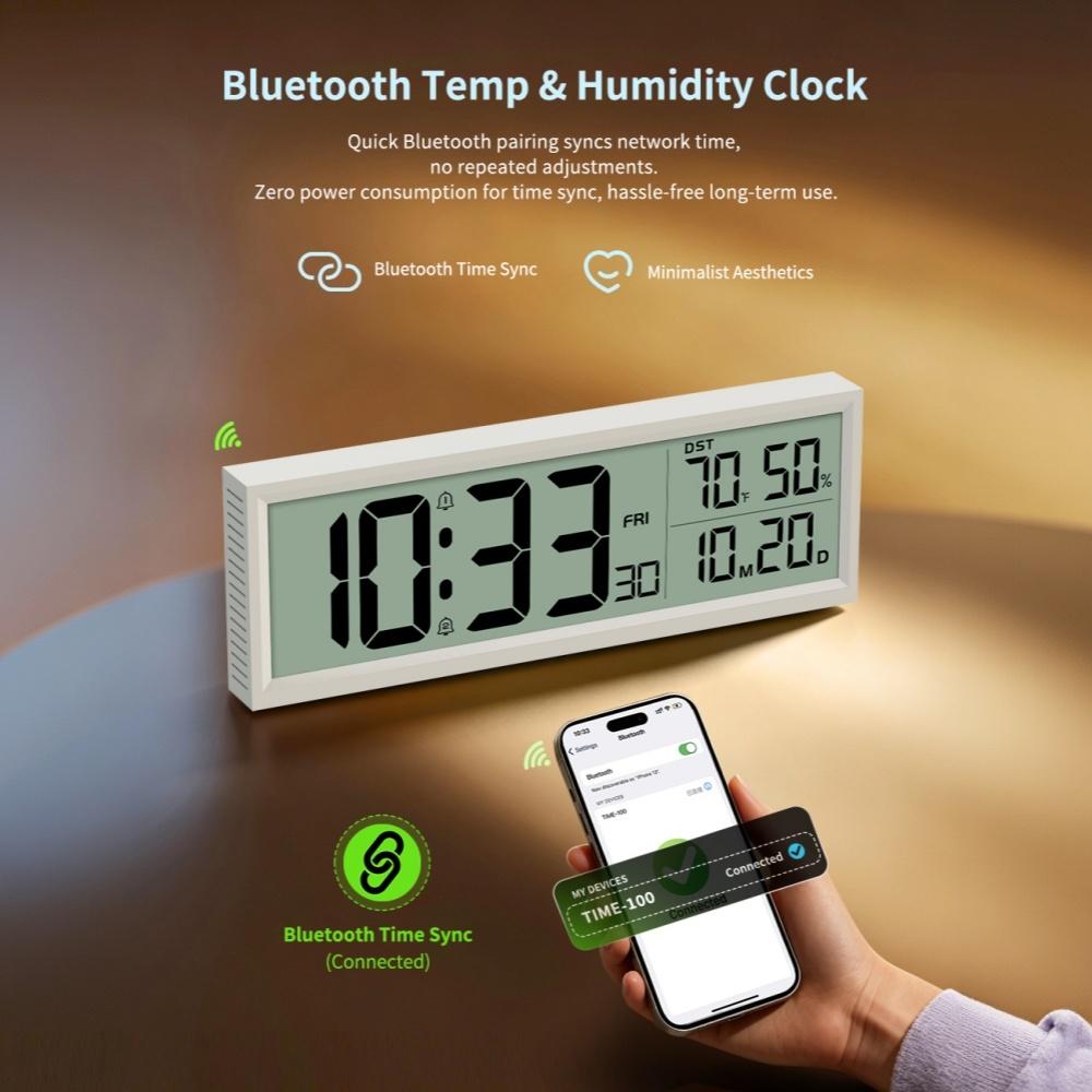 Цифровые настенные часы с Bluetooth-синхронизацией времени, с отображением температуры, влажности, даты, дня недели, 12/24-часовым форматом, на батарейках, с функцией повтора сигнала, настольные часы для гостиной