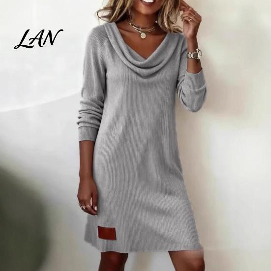 Retro Style Dress Cowl Neck Knit for Women, Long Sleeve Ribbed Loose Fit Mid-length Mini Sweater Dress, Casual Fall Spring Outfits Women