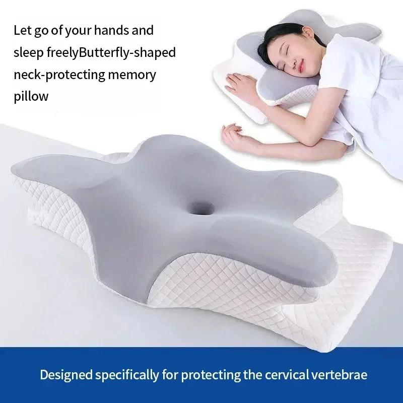 Blue Cooling Butterfly Memory Foam Cervical Pillow Slow Rebound Neck Pain Relief for Side Back Stomach Sleepers