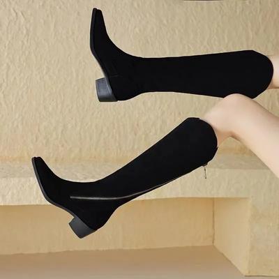 Модная женская обувь 2024 года, горячая распродажа, новые женские сапоги до колена на молнии, осенние сапоги с острым носком из цельного флика на толстом каблуке, лаконичные высокие сапоги