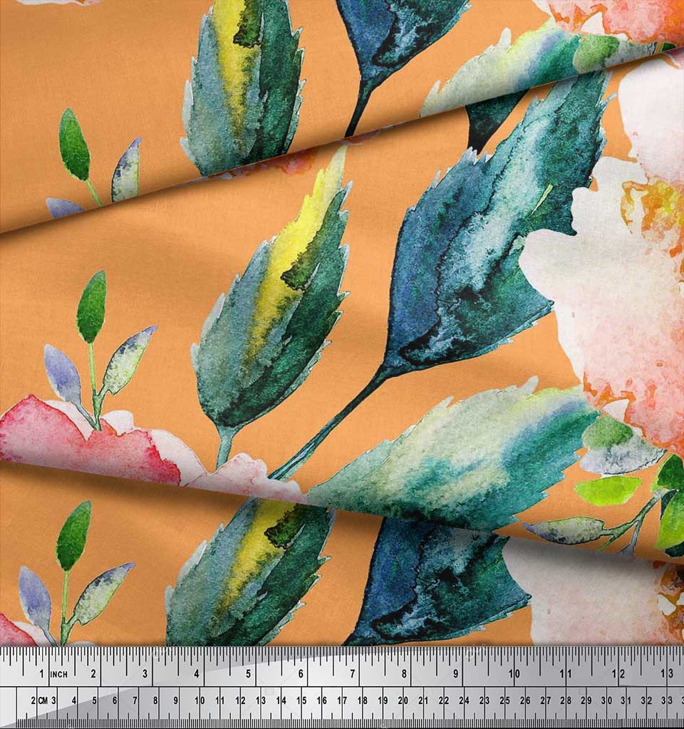 Soimoi Японский креп-атласная ткань с цветами и листьями, акварельный принт, швейная ткань, метр 42 дюйма