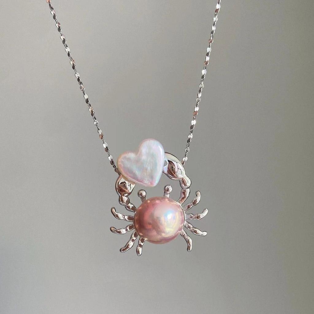 Fashion Pink Pearl Crab Shape Pendant Necklace for Women Party Dress Up Charms Elegance Woman Dangle Choker Zircon Gifts