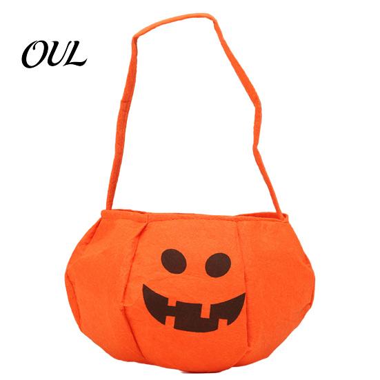 Pumpkin Treat Bag Halloween Candy for Kids, Small Trick or Bucket, Party Favor Soft Face Basket with Handle Decoration Non-woven