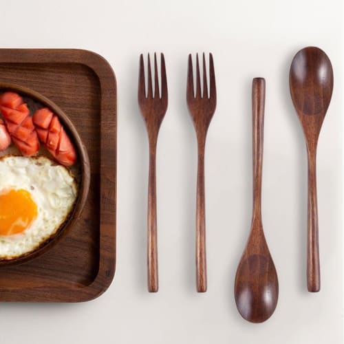 DFsucces 4-Piece Cutlery Set, Natural Wood, 22.5cm Long, One-Piece Design, Includes Dessert Spoon and Pasta Fork, Ideal for Camping, Lunchboxes, and C