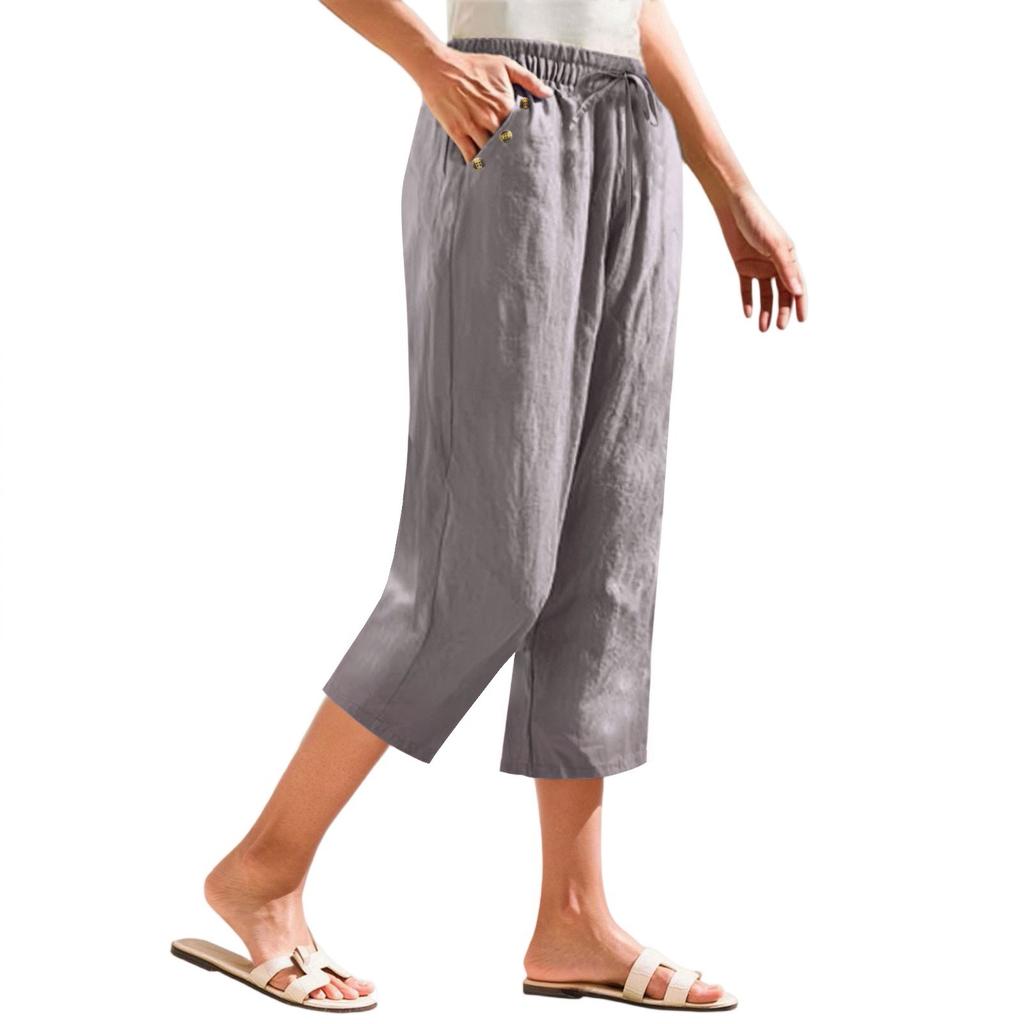 Women's Cropped Pants Stralght Pants With Pockets Lightweight Caual Loose Trousers