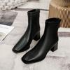 Short Boots Women's High Heel Thick Heel New Boots Soft Leather White Square Head Autumn and Winter Velvet Medium Tube Thin Boots