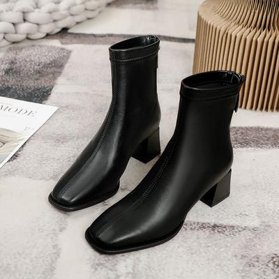 Женские полусапожки на высоком толстом каблуке, новая коллекция 2025, из мягкой кожи, белые, с французским квадратным носком, осенне-зимние, бархатные, средней высоты, облегающие сапоги