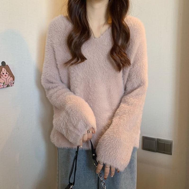 Autumn and Winter Imitation Mink V-neck Solid Color Sweater Women's Loose and Thin Bottoming Shirt Solid Color Long-sleeved Knitted Sweater