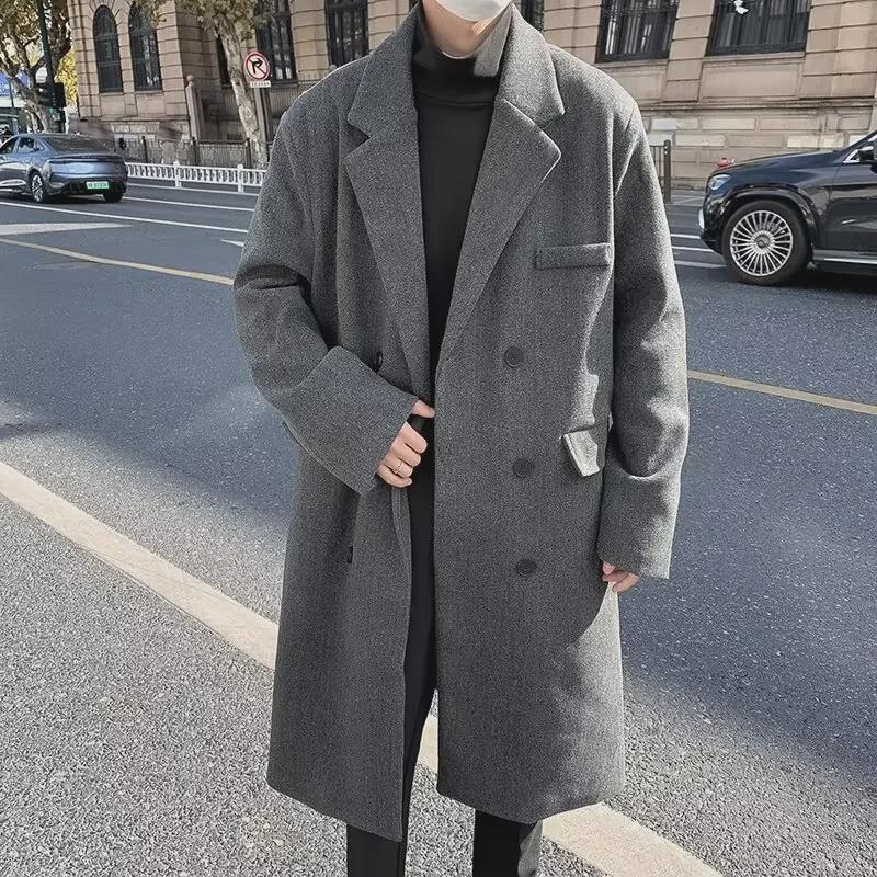 Men's Mid-Length Double-Breasted Woolen Coat with Suit Collar