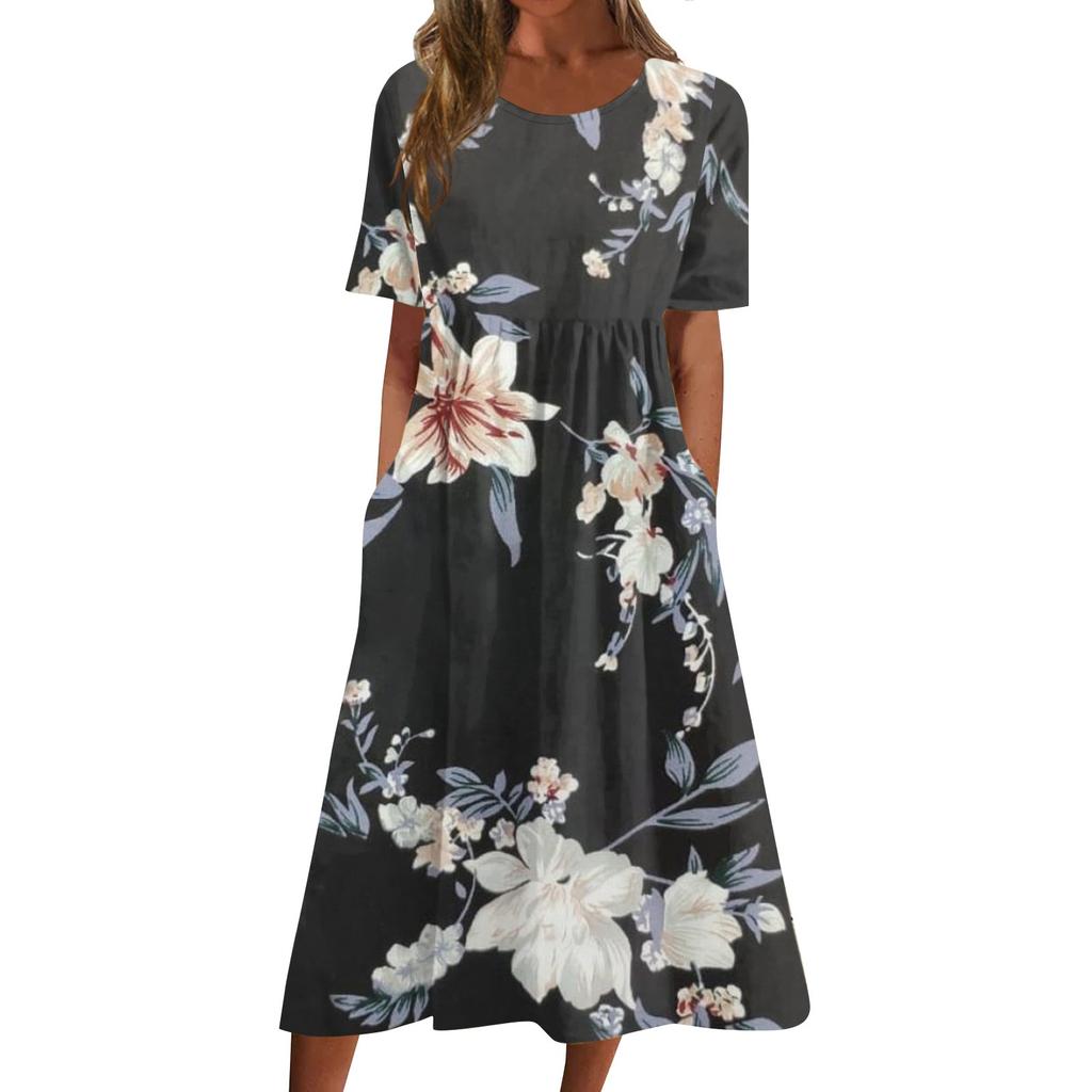 Women's Casual Dresses Printed Dresses Summer Dresses Printed Pleated Round Neck Midi Dresses Basic Classic Outdoor Daily Short Sleeve Loose Dresses