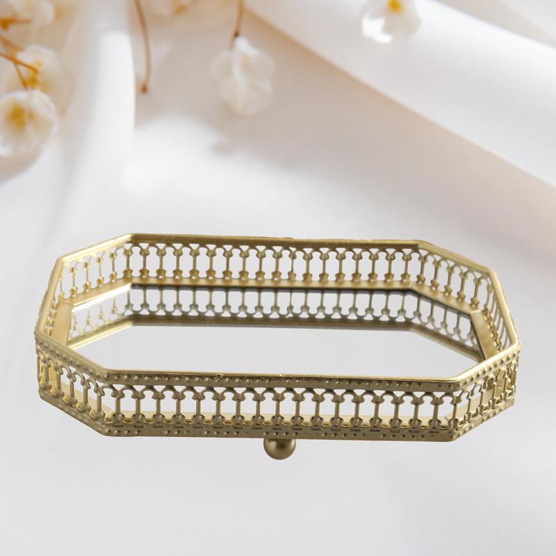 1шт поднос-органайзер для спальни, поднос для украшений, элегантные восьмиугольные подносы для косметики, металлическое настольное зеркало, основание для украшений, 2 размера