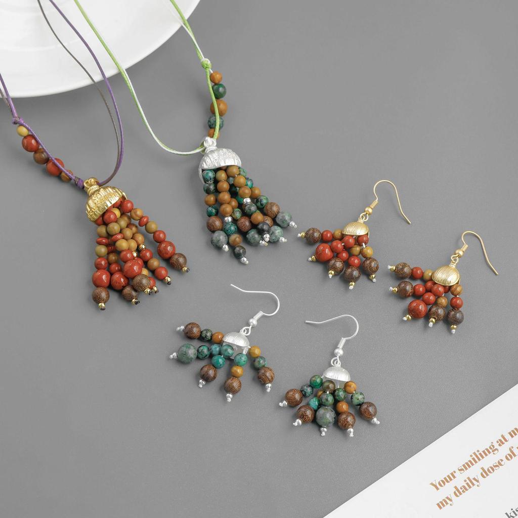 SWAH Vintage Nomadic Style Fruit Tassel Wood Bead Long Necklace with Ear Hook