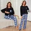Женские пижамы, клетчатые брюки, рубашки с длинными рукавами, комплект из 2 предметов, пижамы, весна-осень, повседневная домашняя одежда