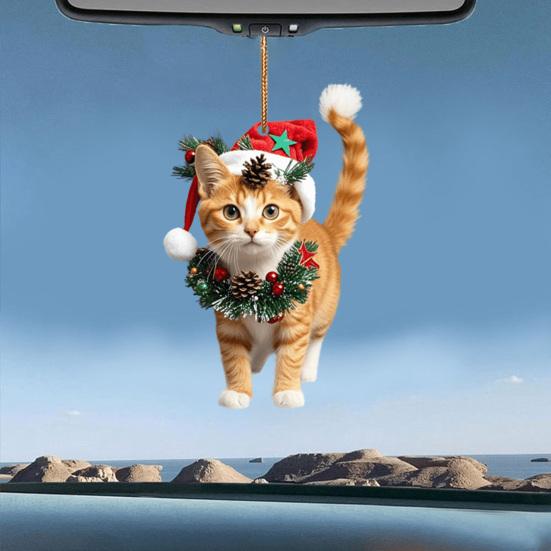 Yousheng Christmas Cat Pendant 2D Acrylic Hanging Ornament Santa Hat Cat Car Rearview Mirror Charm Tree Decoration Gift for Cat Lovers