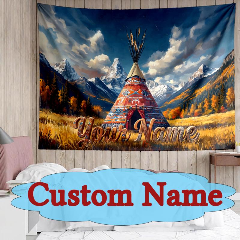 Customized Name/Text Background Wall Tapestry Multi-Purpose Mountain Teepee Adventure pattern Hanging Tapestry Art Decoration