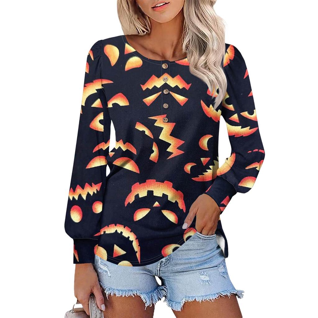Женские футболки с длинным рукавом и круглым вырезом, принты на Хэллоуин, рубашки с рукавами-фонариками, блузки на пуговицах, топы