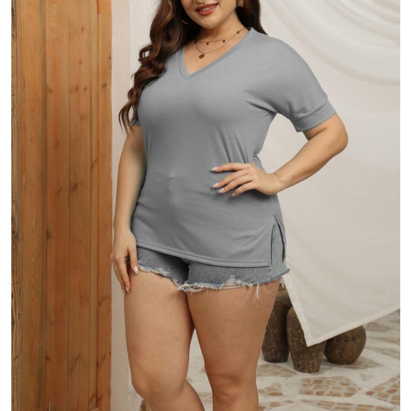 BITCED Летний женский свободный топ большого размера с V-образным вырезом и коротким рукавом