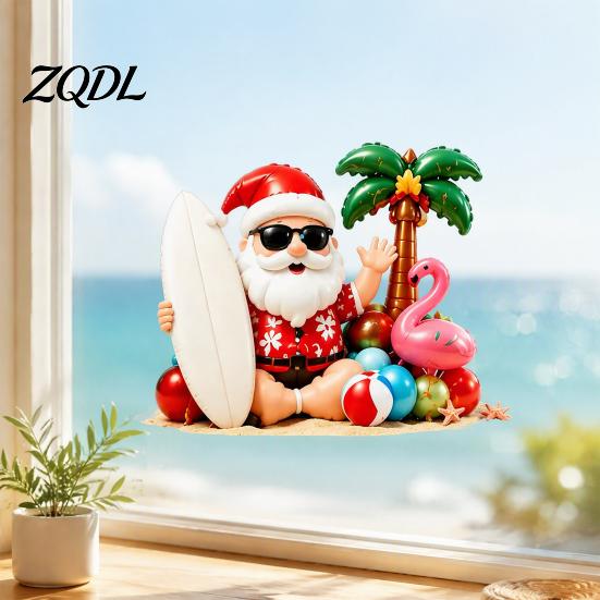 Removable Decorative Glass Stickers Tropical Christmas Static Window Stickers, Santa Claus Flamingo Palm Tree Surfing Board Non Adhesive Clings