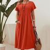 Summer Solid Color Round Neck Pocket Patchwork Pleated Short Sleeved Cotton And Linen Dress For Women's  Dresses