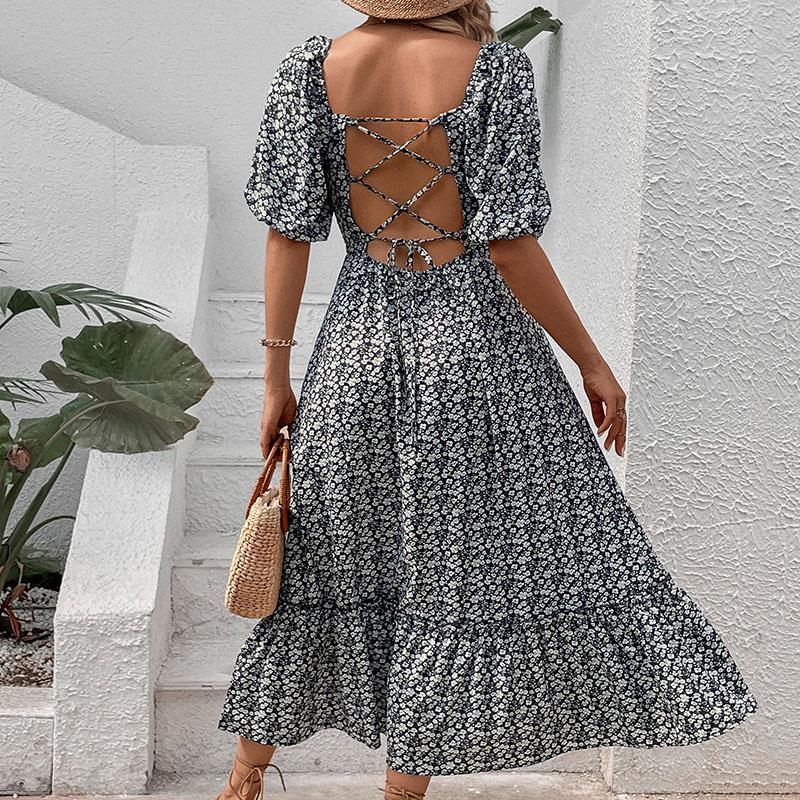 2024 летнее новое женское платье с квадратным вырезом и принтом, сексуальное платье с открытой спиной, длинные элегантные модные платья с короткими рукавами для дам