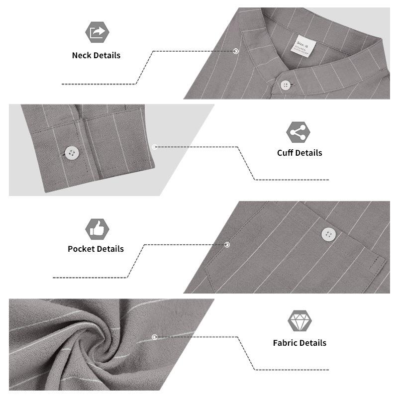 Mens Striped Linen Blend Stand Collar Long Sleeve Casual Shirt With Pockets