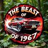 D Flat pc Vintage  Red Muscle Car Round Aluminum Sign  The Beast of meter Rustic Wall Art Bohemian Style Framel