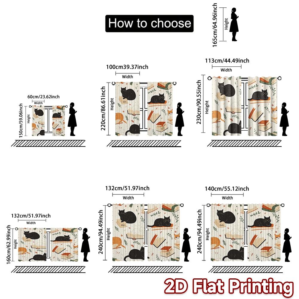 2D FLAT PRINTING 2pcs Curtains (Without Rod) Cats on Books Modern Print Curtains Versatile 100% Polyester Curtains Decorations