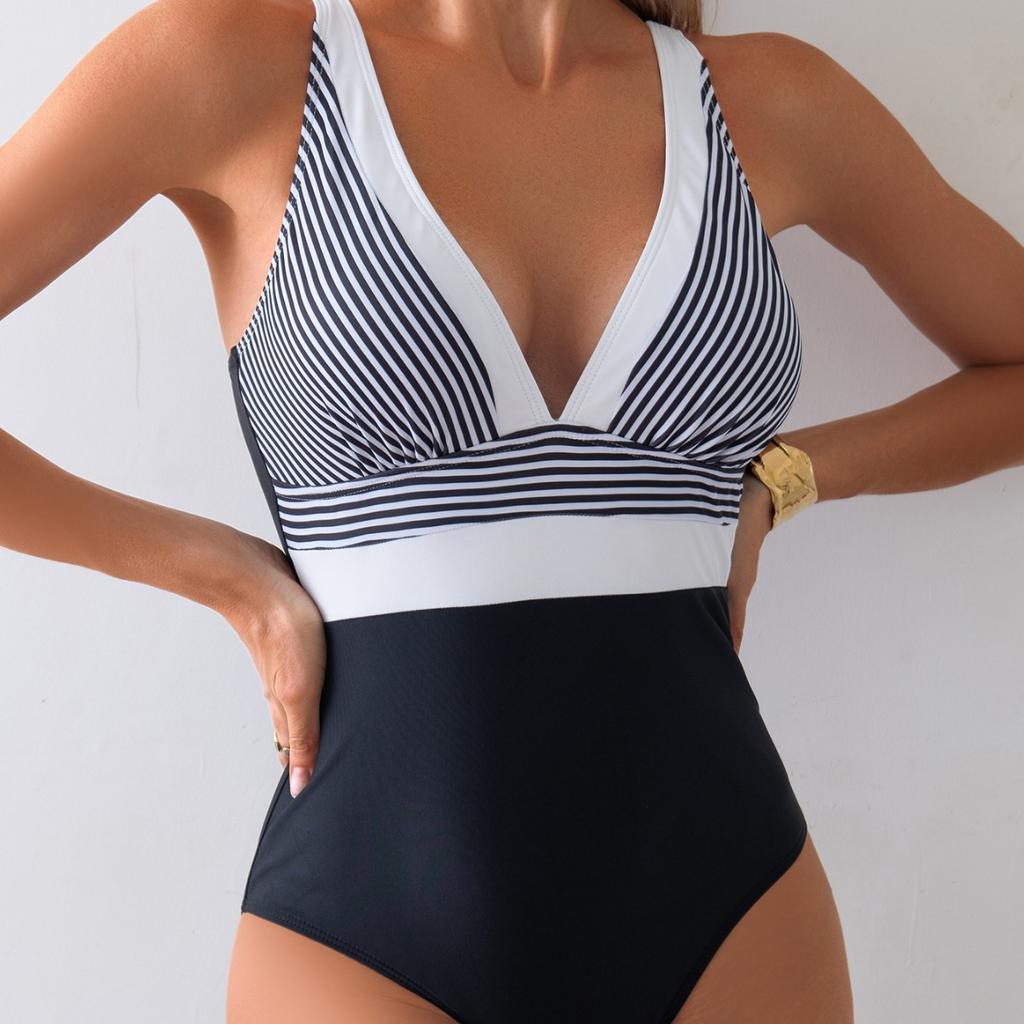 European and American new sexy backless striped splicing one-piece swimsuit women's slimming swimsuit